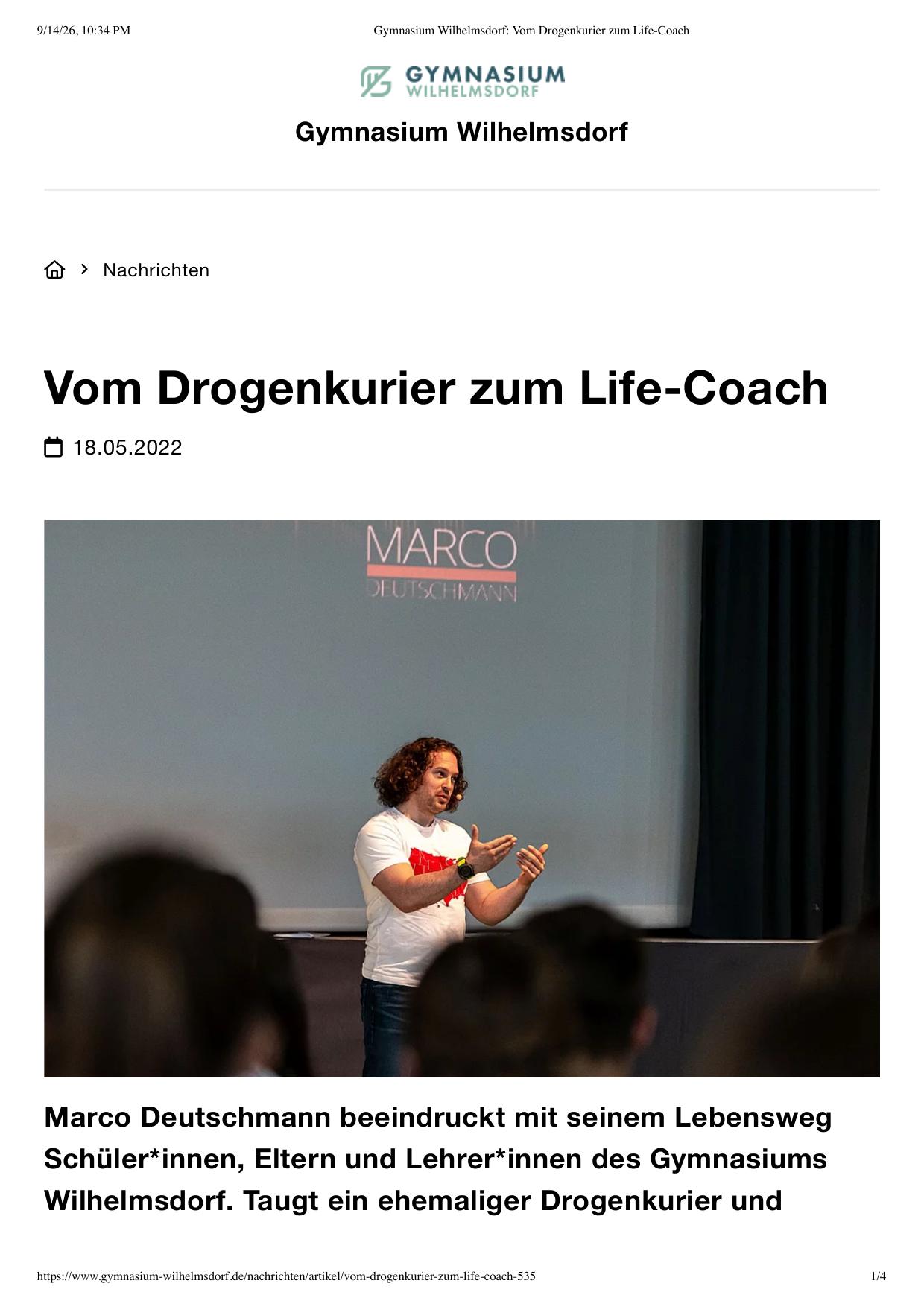 Gymnasium Wilhelmsdorf - Vom Drogenkurier zum Life-Coach