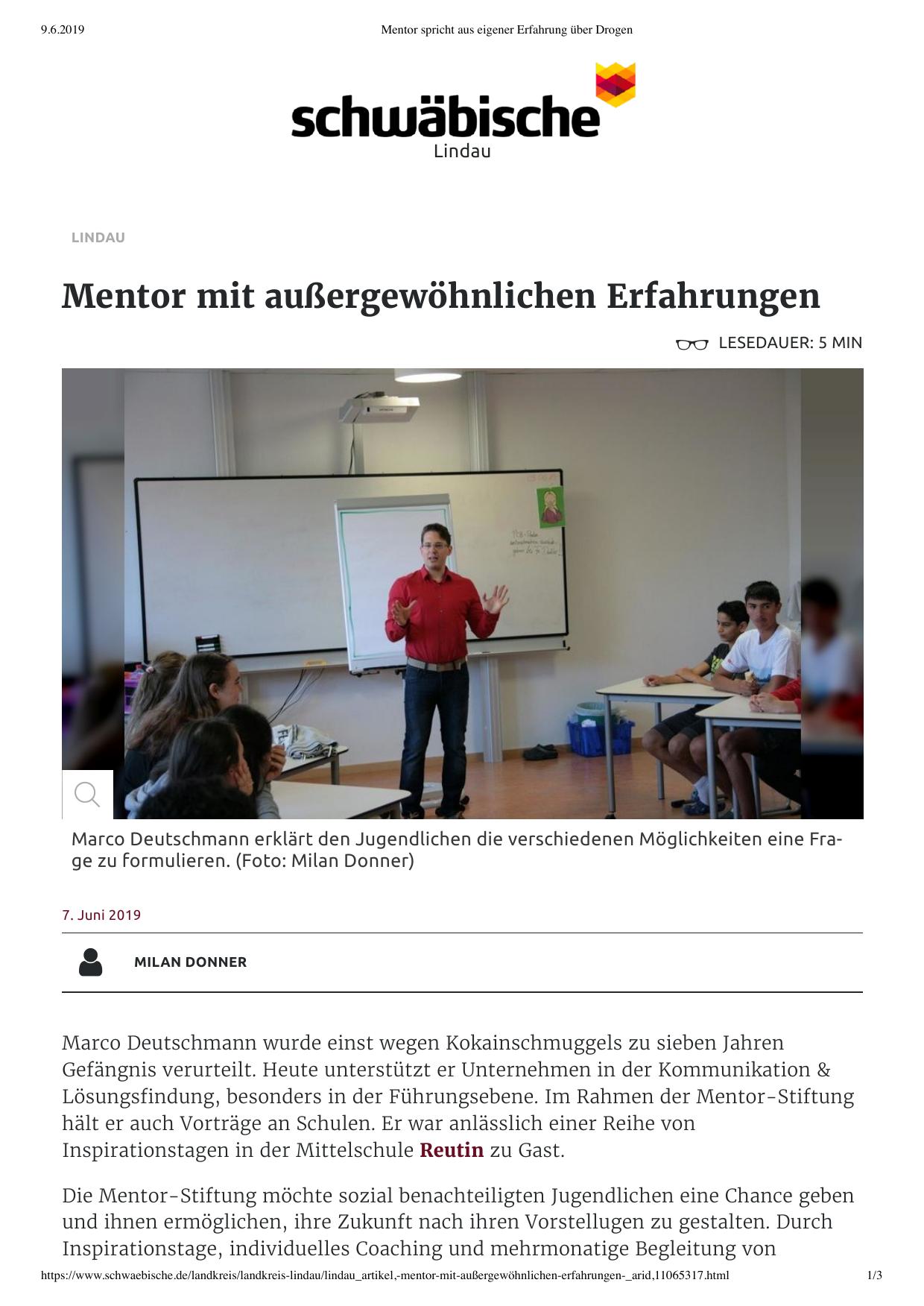 Mentor spricht aus eigener Erfahrung über Drogen – Lindauer Zeitung 2019