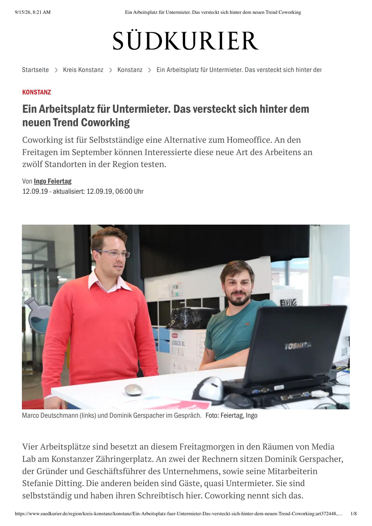 SÜDKURIER – Ein Arbeitsplatz für Untermieter, September 2019