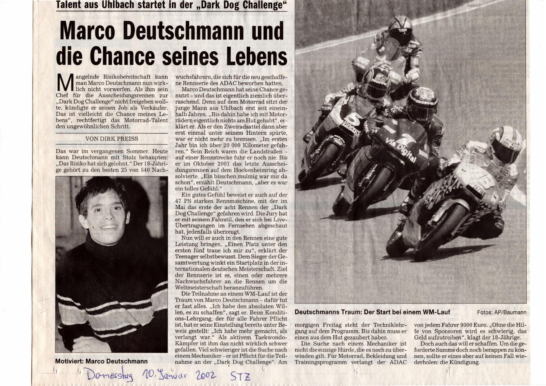 Stuttgarter Zeitung – Marco Deutschmann und die Chance seines Lebens, 10. Januar 2002